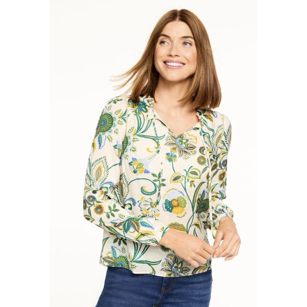 TALBOTS 2025 Lively Floral Ruffle Tie Neck 100% Cotton Tunic Top Blouse Sz XL
